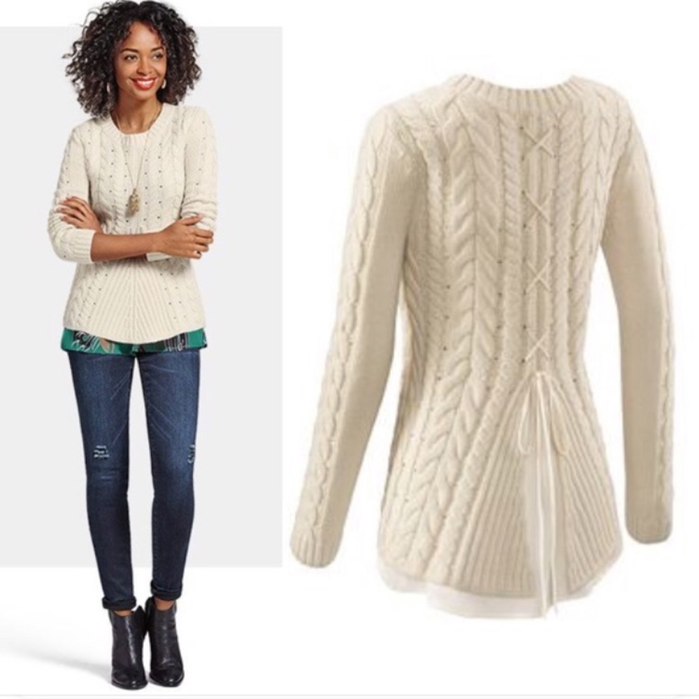 CAbi Womens Cable Knit Lace Up Sweater Cream M
